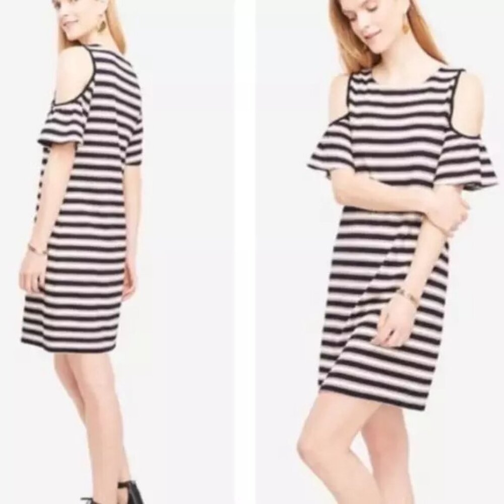 Ann Taylor White Black Pink Striped Cold Open Shoulder Short Sleeve Dress ST